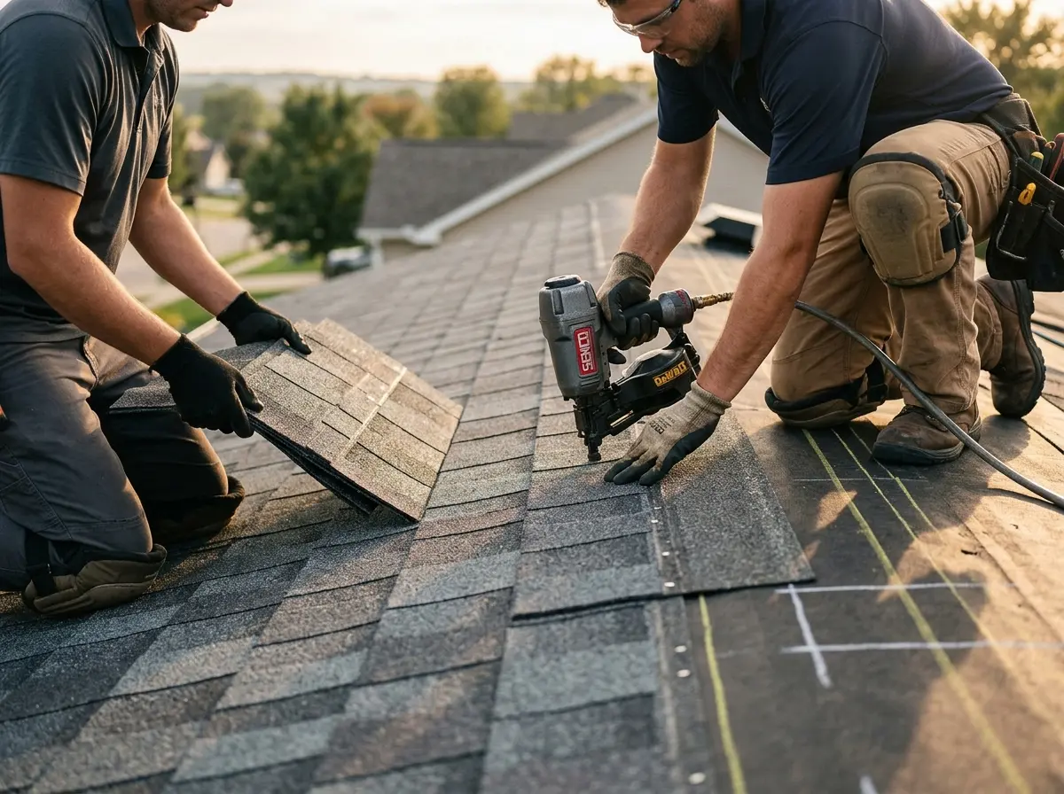 Professional roofer working on a residential roof in Harris